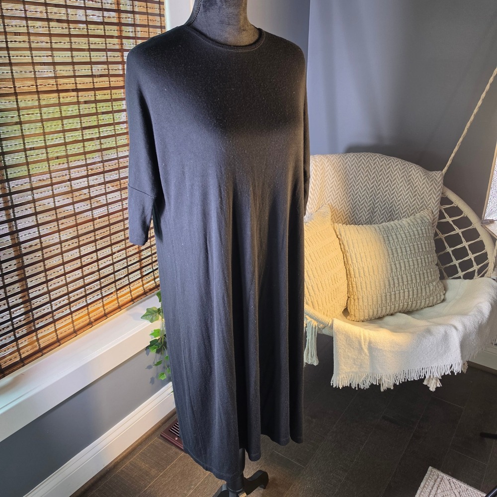 Mimu Maxi Black Ribbed Knit Dress XS Modest Crew Neck 3/4 Sleeve Midi USA Made